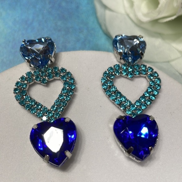 Romantic Blue Crystal Three Heart Drop Earrings - Picture 17 of 17